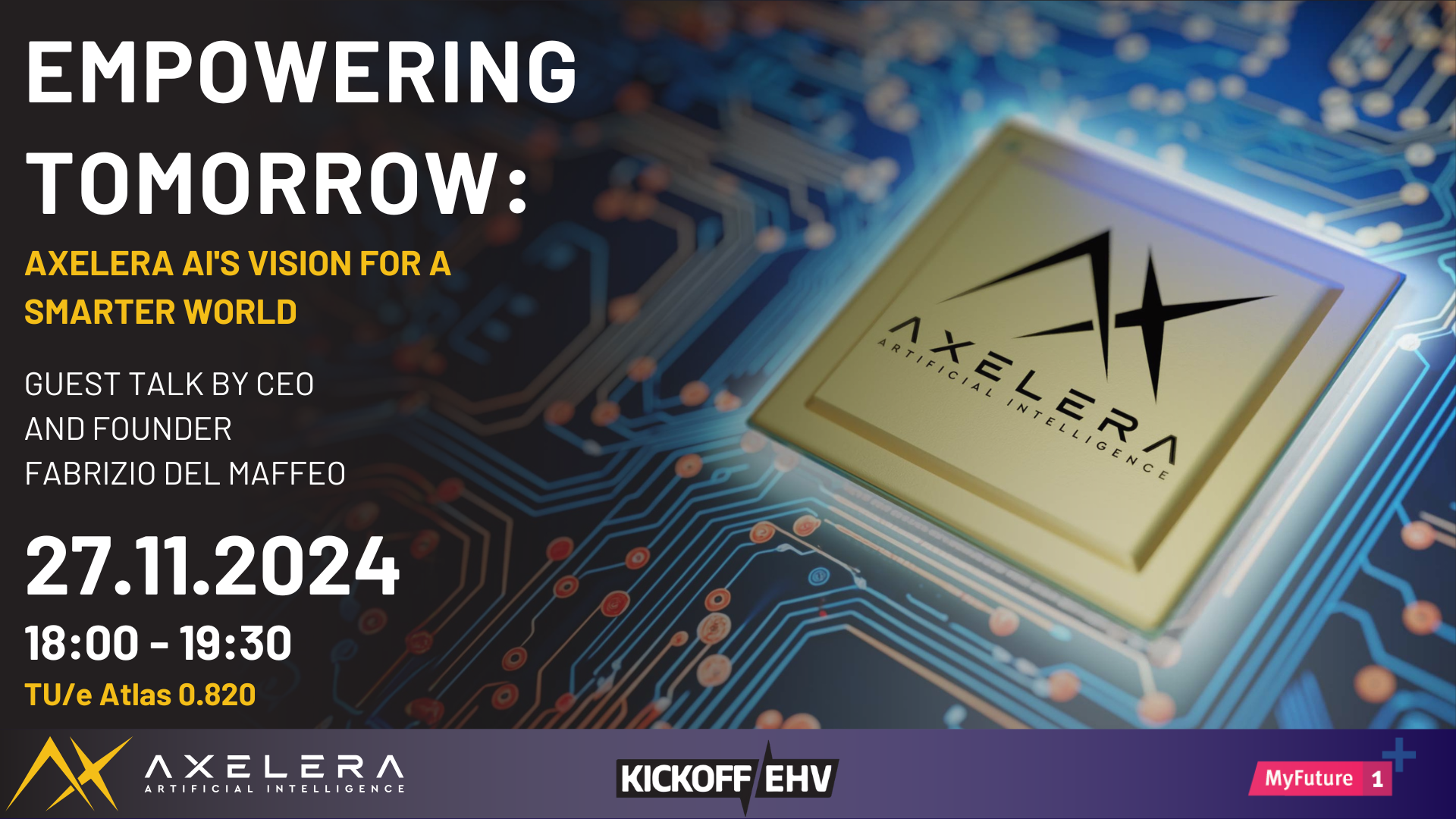 Promotional banner for an event titled 'Empowering Tomorrow: Axelera AI's Vision for a Smarter World.' The event is scheduled for 27th November 2024, from 18:00 to 19:30, at TU/e Atlas 0.820. The background features a close-up of a microchip with the Axelera AI logo, symbolizing advanced artificial intelligence technology. The logos of Axelera AI, KickOff EHV, and MyFuture+ are displayed at the bottom of the banner